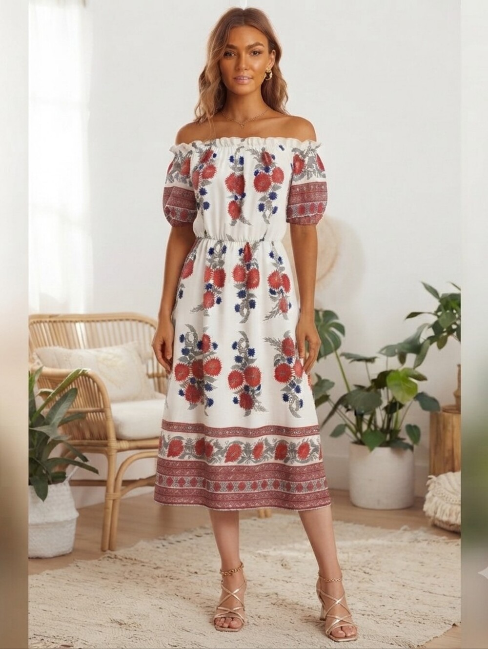 Boho Floral On/Off Shoulder Midi Dress with 15.5" Split Boho Vacation Wear L